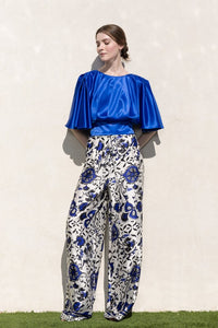 Blue Multi Satin Floral Print High-Waisted Wide Pants