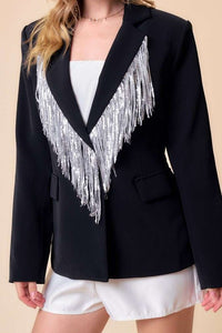 Black Sequin Fringe Trim Solid Blazer Jacket