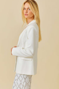 White Sequin Fringe Trim Solid Blazer Jacket