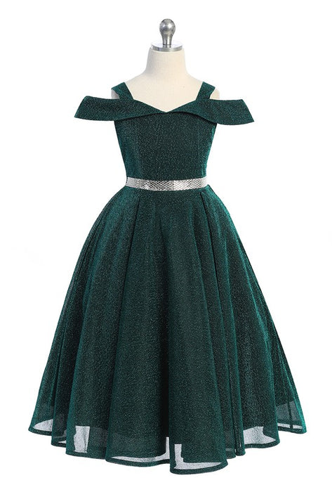 Emerald Green Girls's Off The Shoulder Metallic Fabric Dress