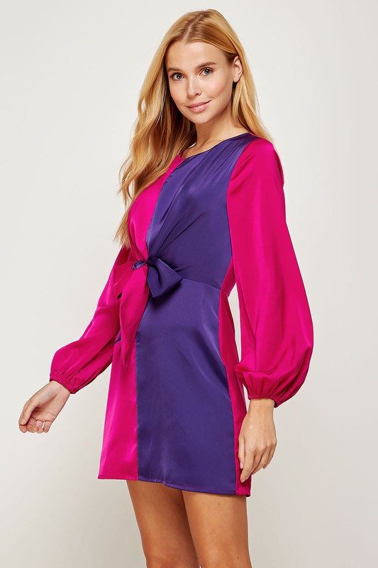 fuchsia satin mini dress Fuchsia/Purple Color Block Front Tie Satin Mini Dress – Aquarius Brand