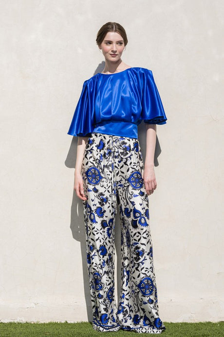 Blue Multi Satin Floral Print High-Waisted Wide Pants