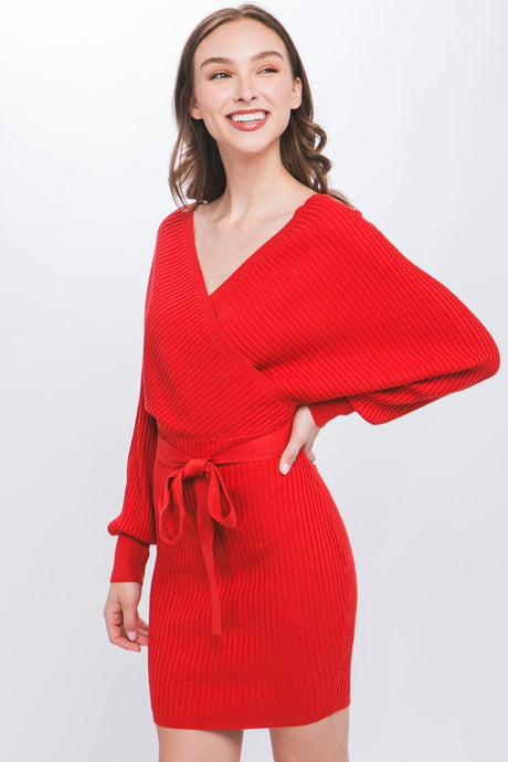 Red Off Shoulder Wrap Belted Ribbed Knit Dress