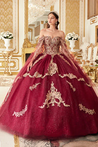 Burgundy Layered Gold Lace Ball Gown