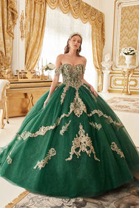 Emerald Layered Gold Lace Ball Gown