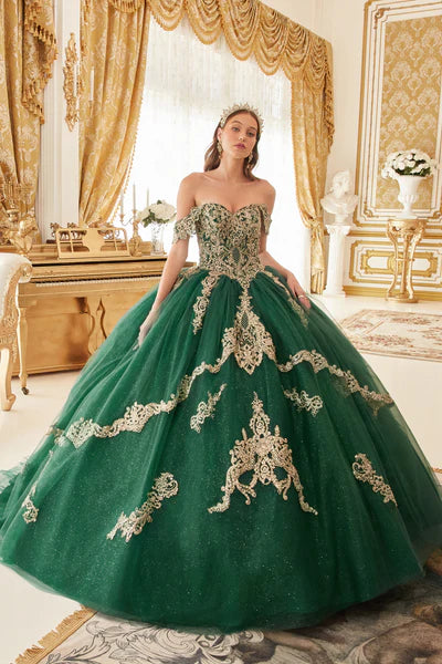 Emerald Layered Gold Lace Ball Gown