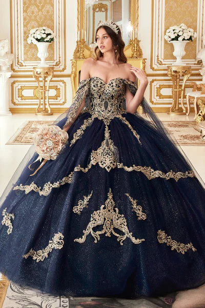 Navy Layered Gold Lace Ball Gown