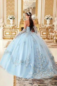Lt Blue Layered Tulle Ball Gown With Floral Applique