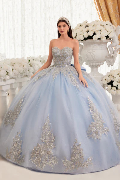 Lt Blue Strapless Layered Ball Gown With Bow Detail