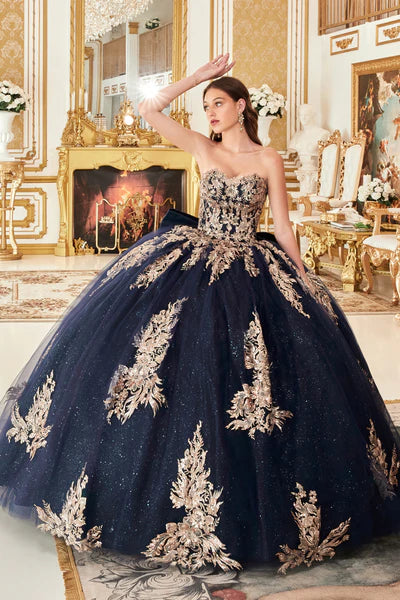 Navy-Gold Strapless Layered Ball Gown With Bow Detail