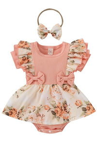 Peach Infant/Toddler Flower Print Onesies With Bow