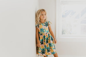 Kids Tropical Lemon Flutter Sleeve Spring Dress