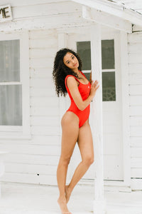 Ribbed Red Joelle High Cut Backless One-Piece