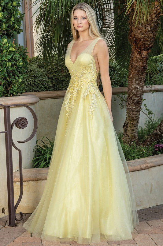 strapless open back dress Yellow 3D Floral Applique A Line Dress – Aquarius Brand