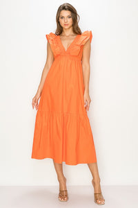 Orange Double Ruffle Midi Dress