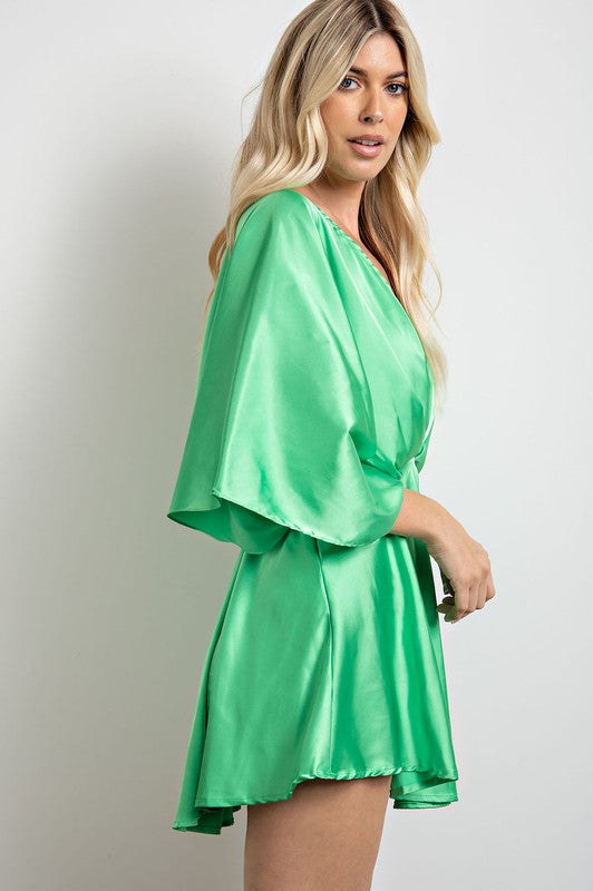 kimono sleeve mini dress Lime Gathered V Neck Kimono Sleeves Mini Dress – Aquarius Brand