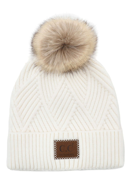 White CC Criss Cross Suede Patch Beanie