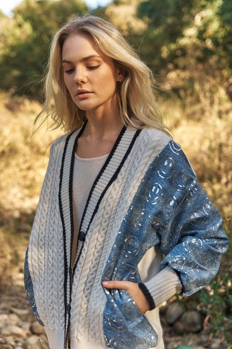 Off White-Denim Cardigan with Sequins Happy Face Denim Sleeve