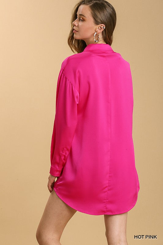 Hot Pink Satin Collar Button Down Long Sleeve Tunic Dress – Aquarius Brand