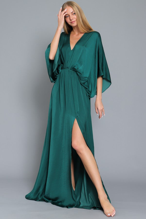 Dark Green Kimono Sleeve Tie Back Neck Elastic Waisted Maxi Aquarius Brand Dark Green Kimono Sleeve Tie Back Neck Elastic Waisted Maxi Aquarius Brand