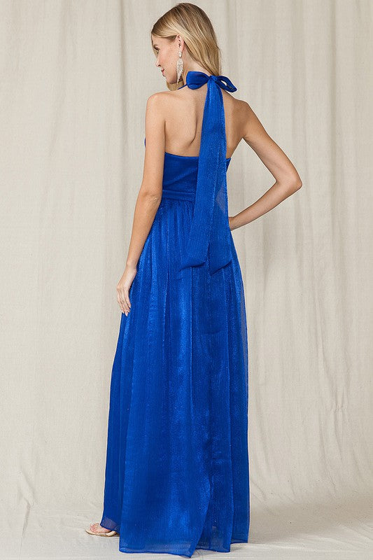 Royal Blue Halter Neck Flowy Glitter Matallic Fabric Slit Maxi Dress Aquarius Brand Royal Blue Halter Neck Flowy Glitter Matallic Fabric Slit Maxi Dress Aquarius Brand