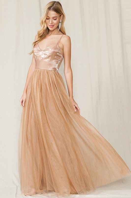 Mocha Sleeveless Tulle Maxi Dress  Aquarius Brand
