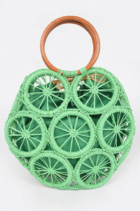 Green Faux Straw Round Tote Bag