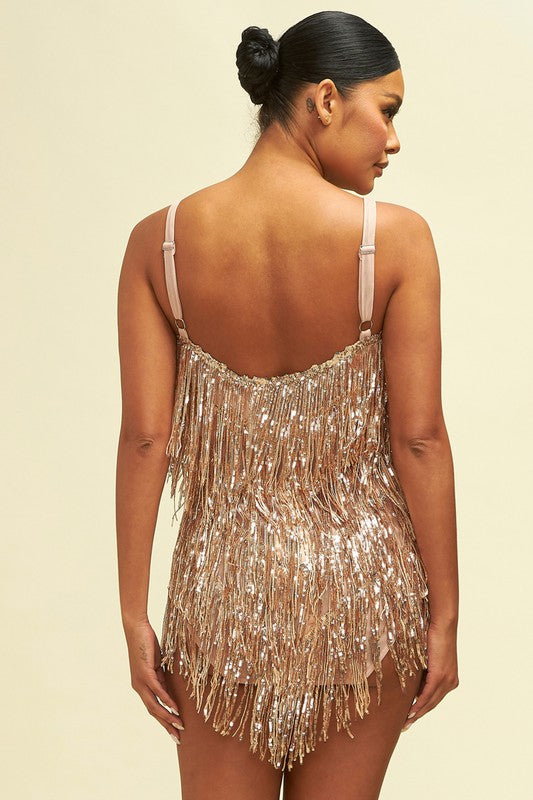 slim fit dress slacks Rosegold Sequin Fringe Mini Dress – Aquarius Brand