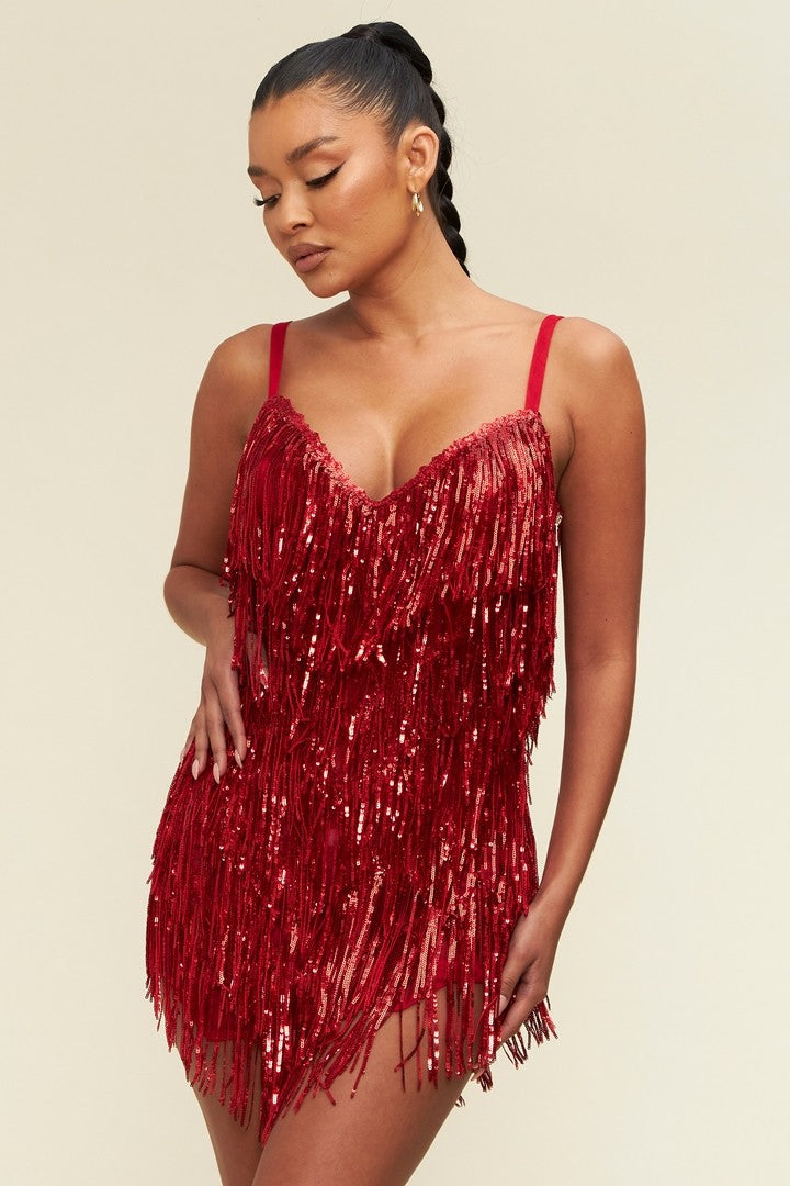 Red Sequin Fringe Mini Dress – Aquarius Brand