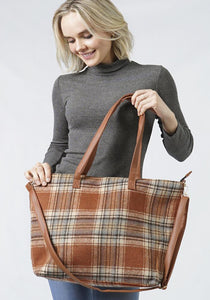 Brown Plaid Weekend Tote Bag And Pouch