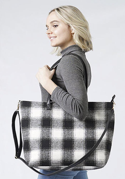 White Plaid Weekend Tote Bag And Pouch