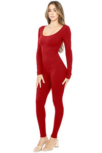 Red Snatched Scoop Neck Long Sleeve Jumpsuits