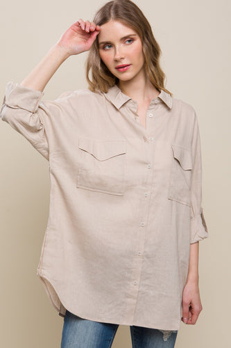 Khaki Linen Oversized Double Pocket Button Down Shirt