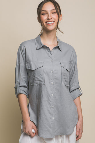 Grey Linen Oversized Double Pocket Button Down Shirt