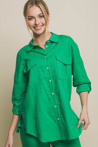 Kelly Linen Oversized Double Pocket Button Down Shirt