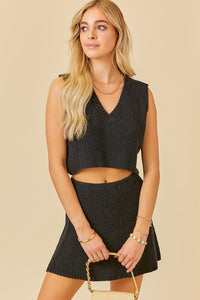 Black V-Neck Cropped Top And Mini Skirt Sweater Set