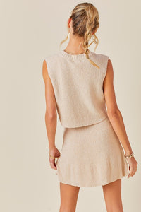 Oatmeal V-Neck Cropped Top And Mini Skirt Sweater Set