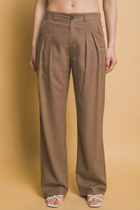 Taupe Linen Tailored Wide Leg Pants