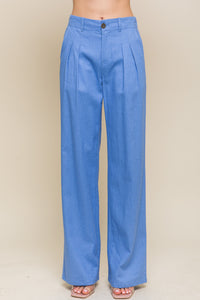 Blue Linen Tailored Wide Leg Pants