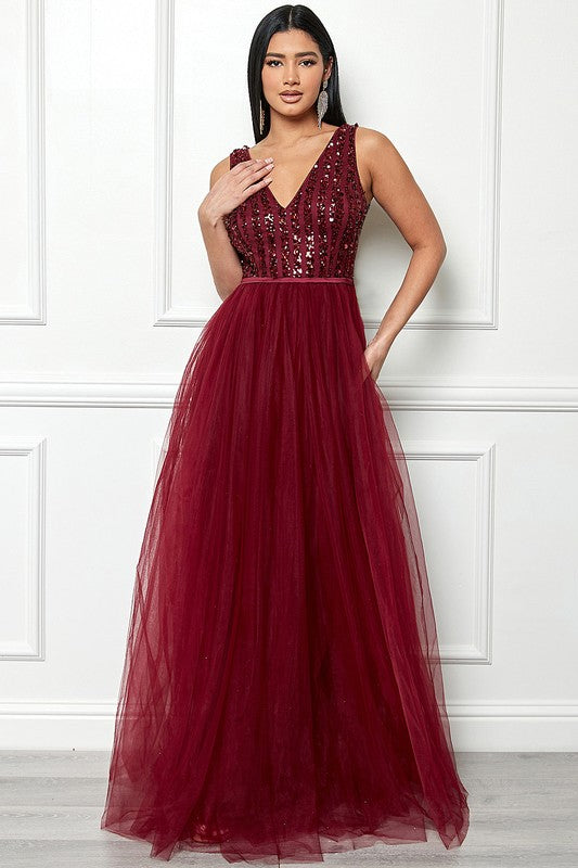 Burgundy Sleeveless Sequin Top Tulle Maxi Dress Aquarius Brand Burgundy Sleeveless Sequin Top Tulle Maxi Dress Aquarius Brand
