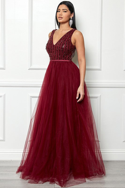 Burgundy Sleeveless Sequin Top Tulle Maxi Dress Aquarius Brand Burgundy Sleeveless Sequin Top Tulle Maxi Dress Aquarius Brand