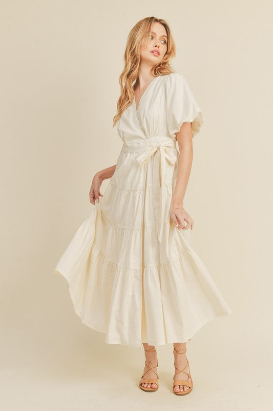 Cream Puff Sleeve Tiered Midi Wrap Dress – Aquarius Brand