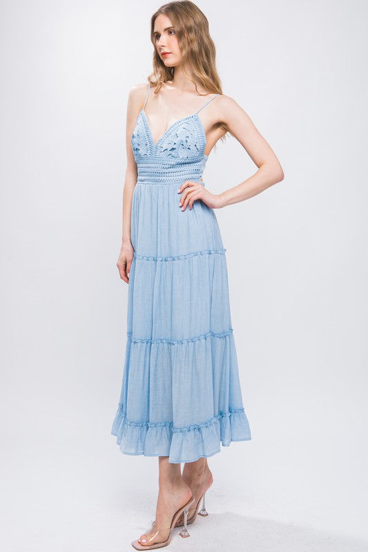 Sky Blue Crochet Layered Panels Long Dress  Aquarius Brand
