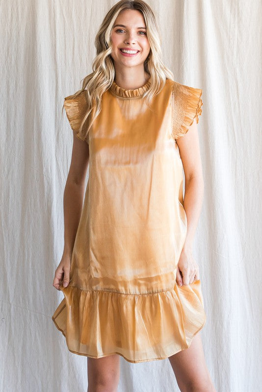 Gold Organza Frilled Neck Dress  Aquarius Brand