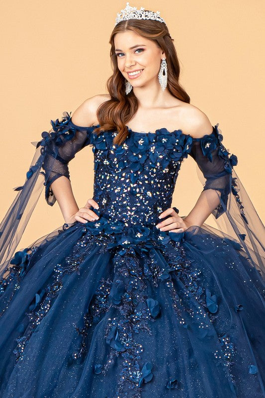 Navy Cape Sleeve Off Shoulder Mesh Quinceanera Gown – Aquarius Brand