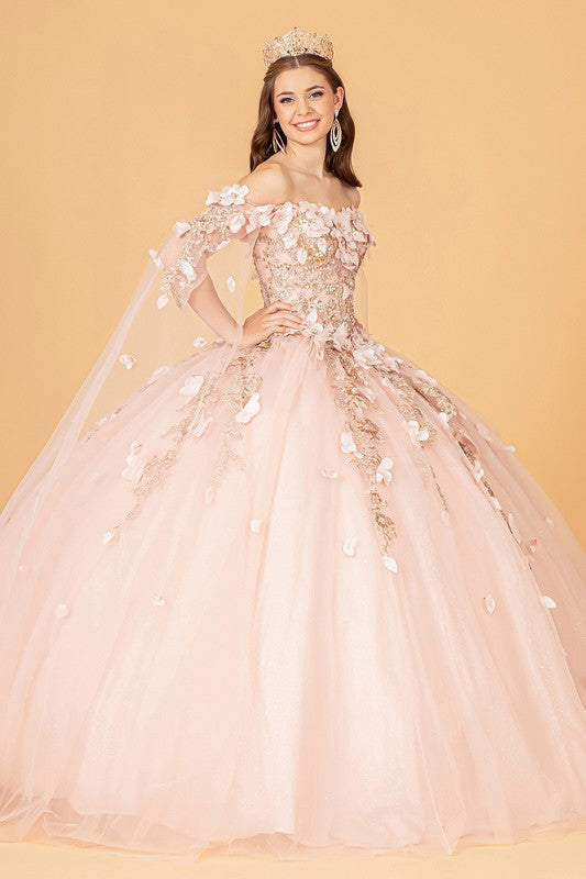 Rose Gold Cape Sleeve Off Shoulder Mesh Quinceanera Gown Aquarius Brand Rose Gold Cape Sleeve Off Shoulder Mesh Quinceanera Gown Aquarius Brand