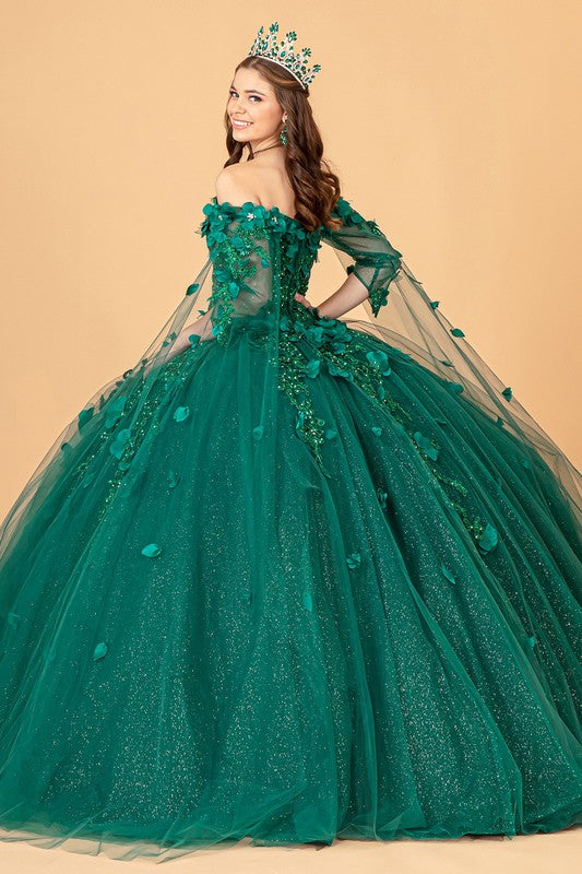 green quince dress with cape Amarra 54324 Quinceanera Dress Glitter Hooded Cape Corset Party Ball Gown Train Bow 00 / Emerald/God