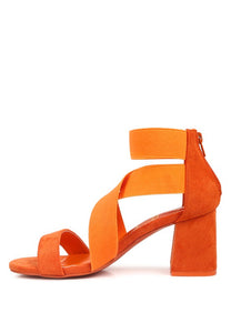 Orange Elastic Strappy Block Heel Sandals