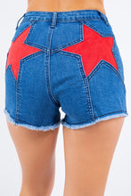Mid Denim/Red Star Suede Detailed Distressed Denim Shorts