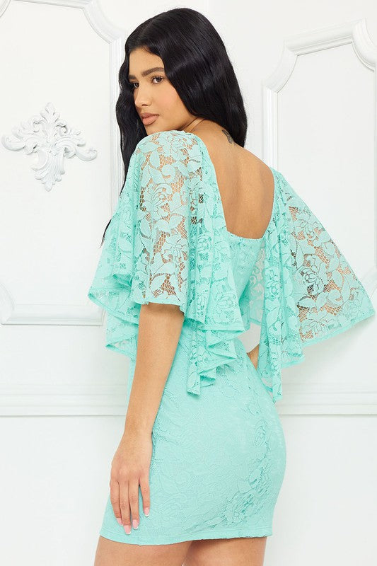 Aqua Lace Cape Sleeve Mini Dress Aquarius Brand Aqua Lace Cape Sleeve Mini Dress Aquarius Brand